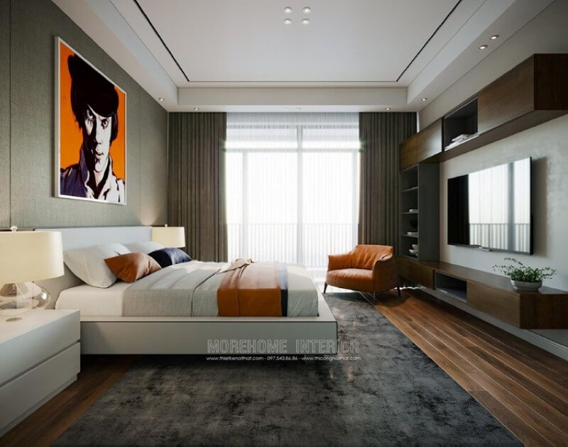 Bố trí nội thất phòng ngủ hiện đại, đẹp sang trọng dành cho chủ nhân yêu thích sự trẻ trung năng động. Thiết kế chung cư