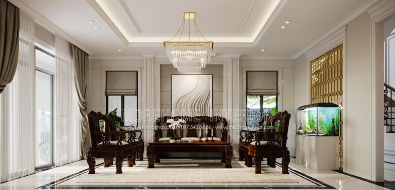 Trang trí nội thất phòng khách với hệ cửa lớn cùng rèm 2 lớp giúp không gian luôn được thông thoáng. Thiết kế chung cư