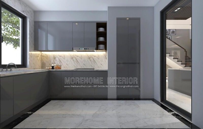 Tủ bếp đẹp, sang trọng ấn tượng với chất liệu gỗ acrylic màu xám độc đáo.